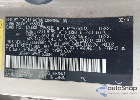 2006 Toyota Highlander V6 z USA, uszkodzony, nr VIN JTEEP21A960163884